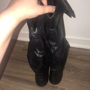 Black calf length rouged faux leather boots